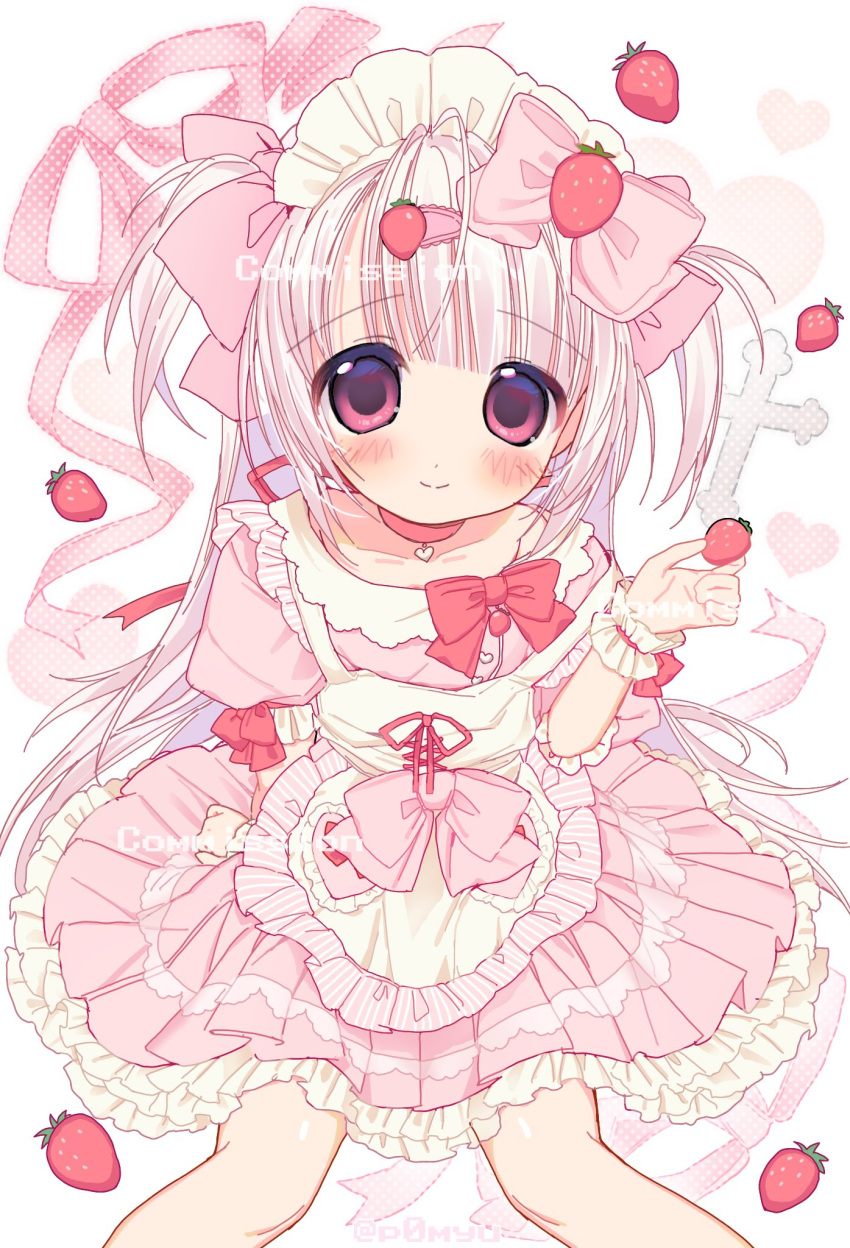 1girl, 2000s_(style), apron, blush, bow, commentary, commission, cowboy_shot