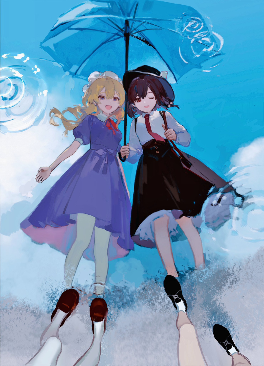 2girls, aliaos, black_footwear, black_skirt, blonde_hair, breasts, brown_footwear, brown_hat, commentary_request, dress, hat, highres, long_hair, long_sleeves, maribel_hearn, mob_cap, multiple_girls, neck_ribbon, necktie, pantyhose, puffy_short_sleeves, puffy_sleeves, purple_dress, red_necktie, red_ribbon, reflection, reflective_water, ribbon, shirt, short_sleeves, skirt, small_breasts, touhou, umbrella, usami_renko, walking, white_hat, white_pantyhose, white_shirt, yellow_eyes