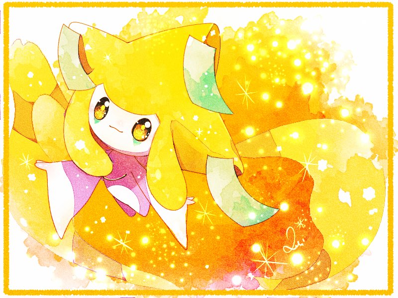 :3, border, colored_sclera, horns, jirachi, loki_(regulus_1111), looking_at_viewer, orange_background