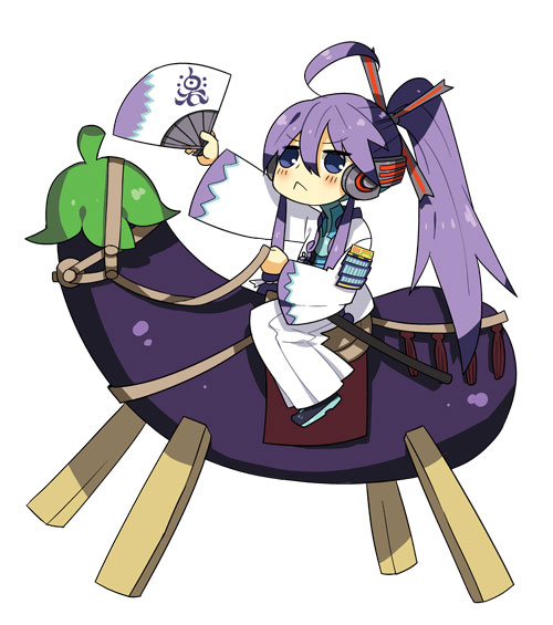 ahoge, boy_in_food, bridle, eggplant, fan, food, gakuko, headphones