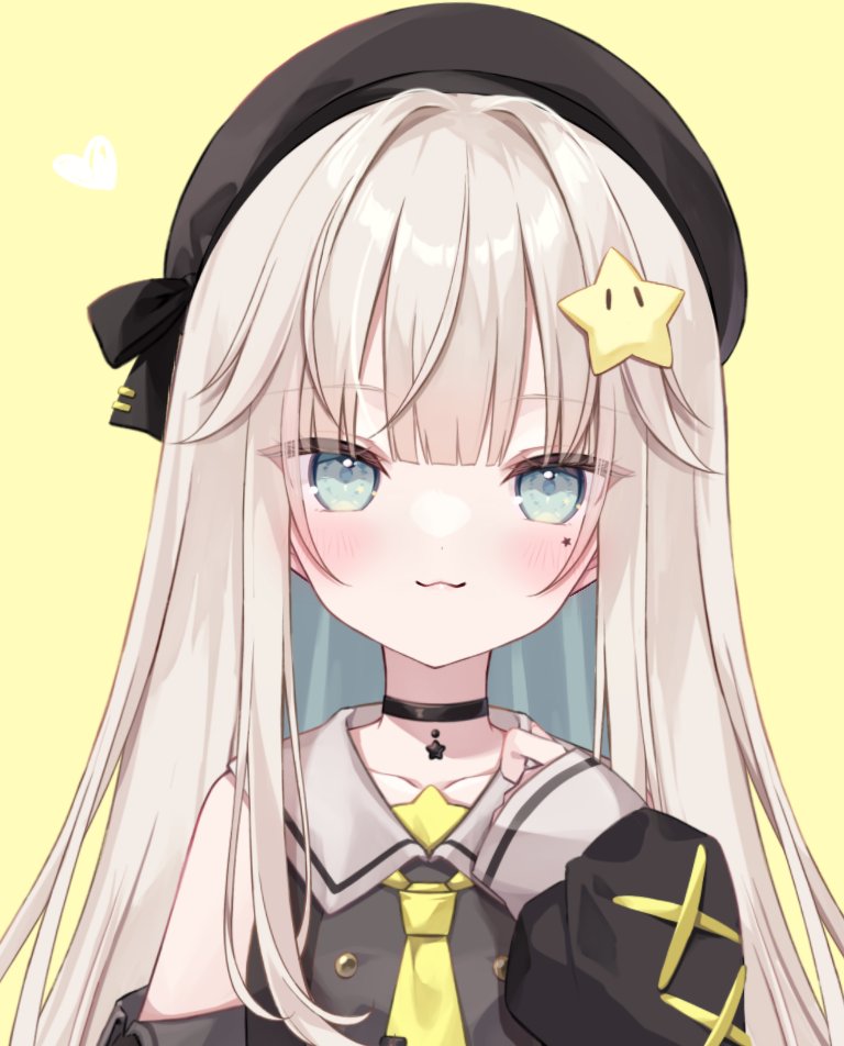 1girl, :3, beret, black_choker, black_hat, black_shirt, black_sleeves, blue_eyes