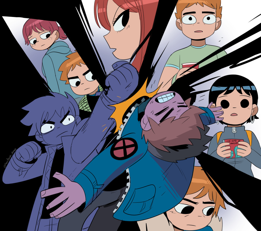 3boys, 3girls, absurdres, black_hair, blue_jacket, clenched_teeth, commentary, cup
