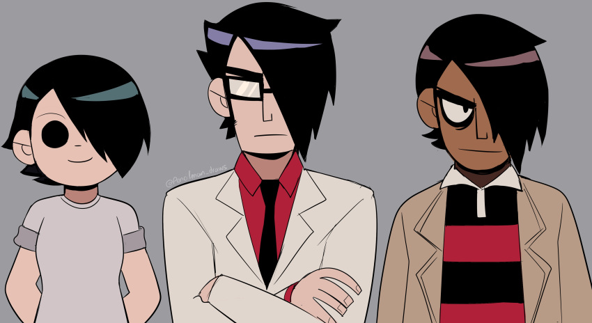 1girl, 2boys, absurdres, arms_behind_back, black_eyeliner, black_hair, black_necktie, brown_jacket