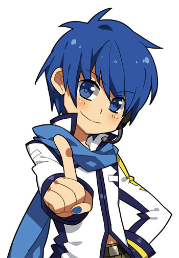 belt, blue_eyes, blue_hair, hand_on_hip, index_finger_raised, kaito, microphone, midriff, molly, nail_polish, navel, raised_finger, scarf, simple_background, smile, solo, vocaloid