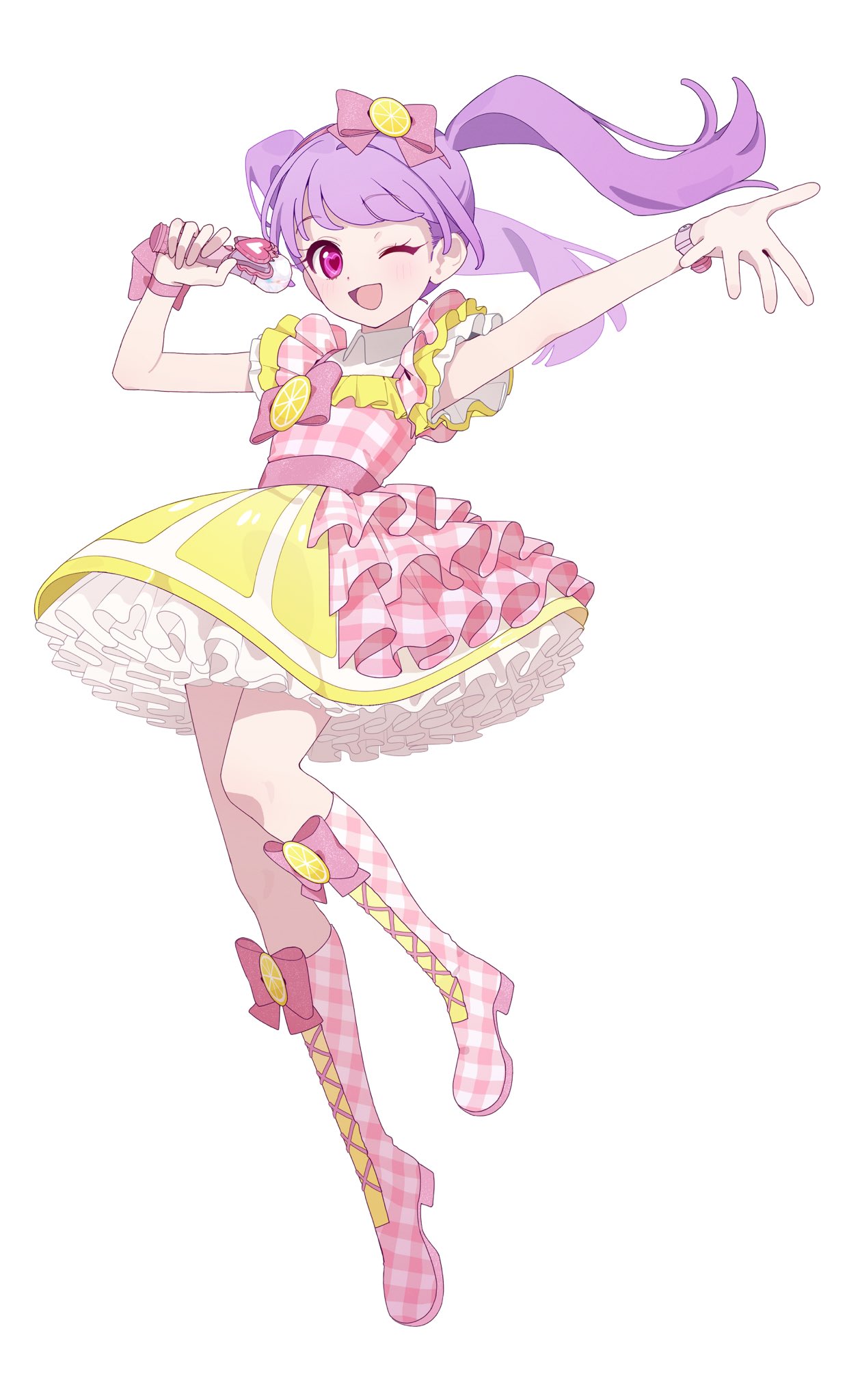 1girl, :d, boots, borrowed_character, bow, dot_nose, dress, footwear_bow