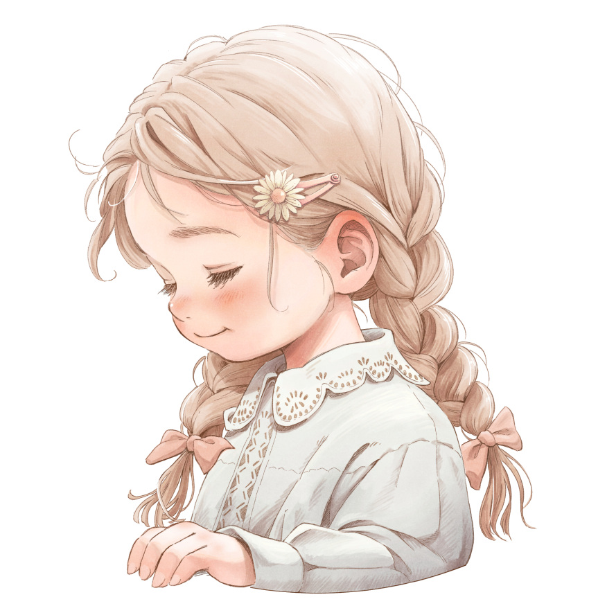 1girl, blonde_hair, blush, bow, braid, child, closed_eyes, closed_mouth