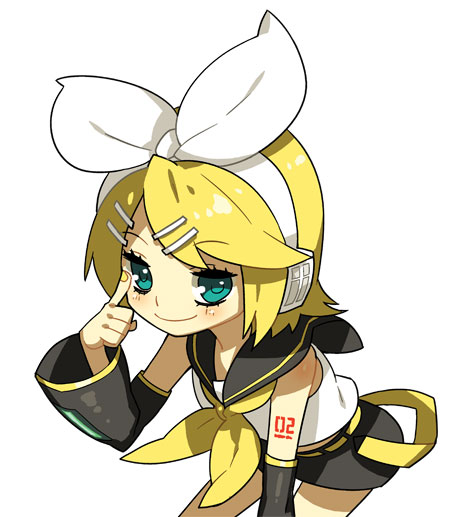 blonde_hair, blue_eyes, detached_sleeves, hair_bow, hair_clip, headphones, kagamine_rin, leaning_forward