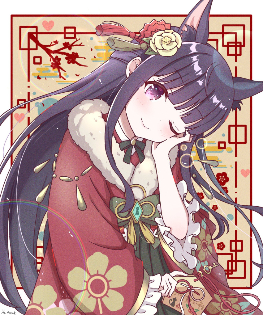 1girl, animal_ears, black_hair, blunt_bangs, dog_ears, ema, floral_print, flower