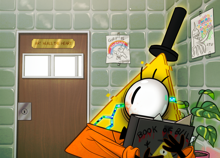 1boy, alternate_costume, bags_under_eyes, bill_cipher, black_eyes, black_hat, black_outline, bloodshot_eyes
