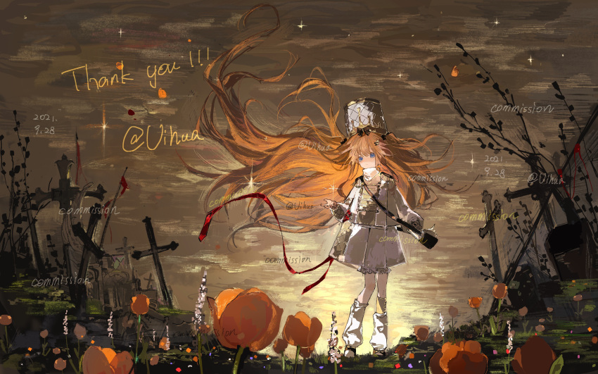 1girl, black_bag, black_ribbon, blue_eyes, brown_sky, chinese_commentary, closed_mouth, commentary_request
