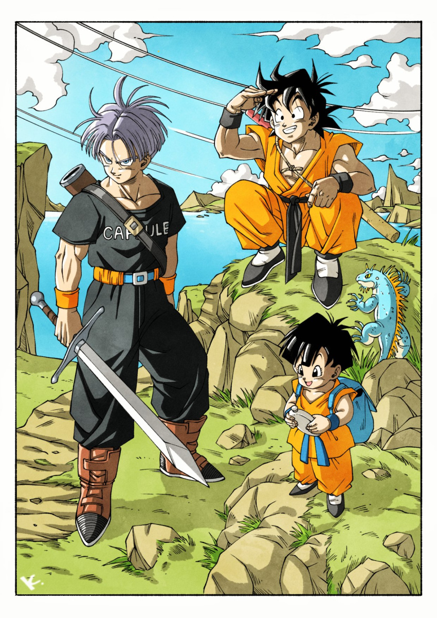 1girl, 2boys, backpack, bag, black_eyes, black_hair, black_shirt, black_wristband