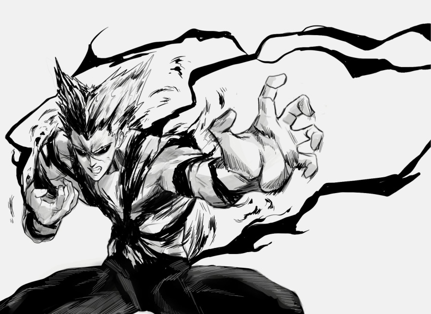 1boy, clenched_teeth, colored_sclera, commentary, darkness, fighting_stance, garou_(one-punch_man), highres
