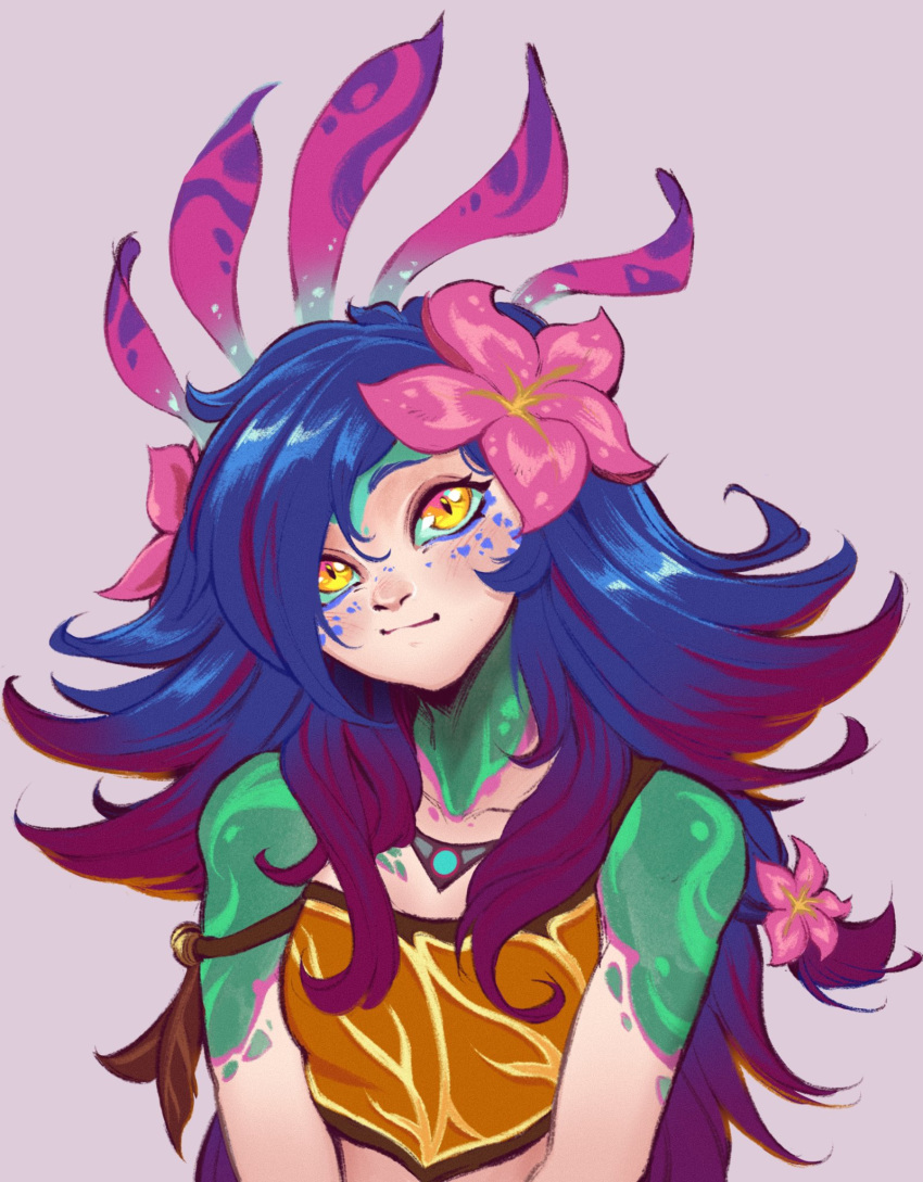 1girl, blue_hair, blush, brown_shirt, collarbone, colored_skin, crop_top, dark_skin