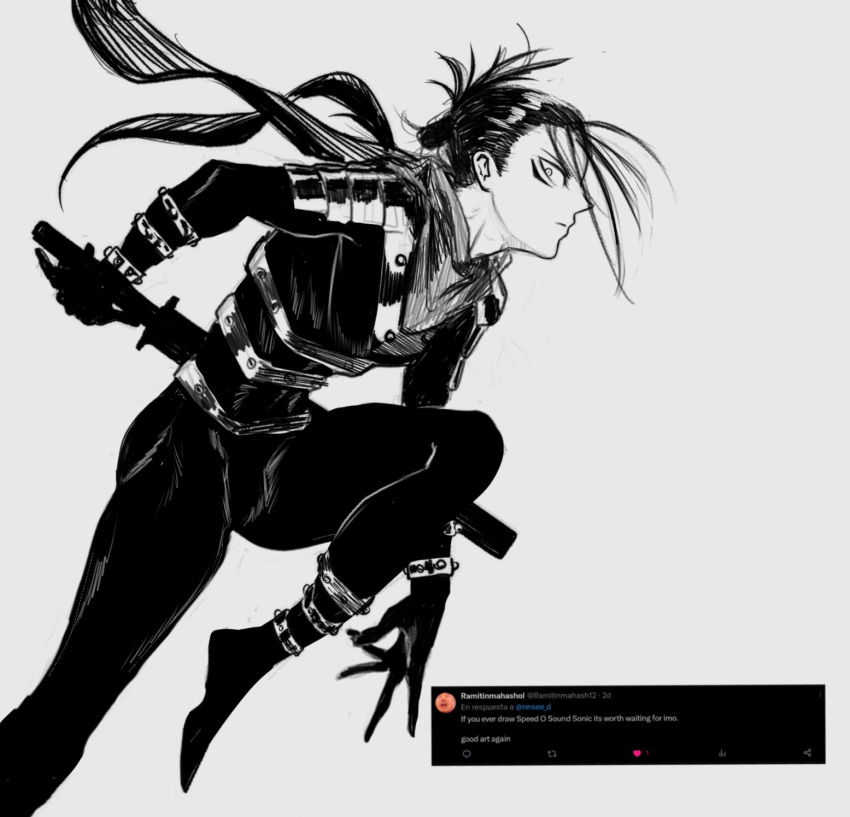 1boy, bodysuit, english_text, facial_mark, folded_ponytail, from_side, greyscale, highres, looking_at_viewer, male_focus, monochrome, nnsee_d, one-punch_man, onsoku_no_sonic, profile, scarf, solo