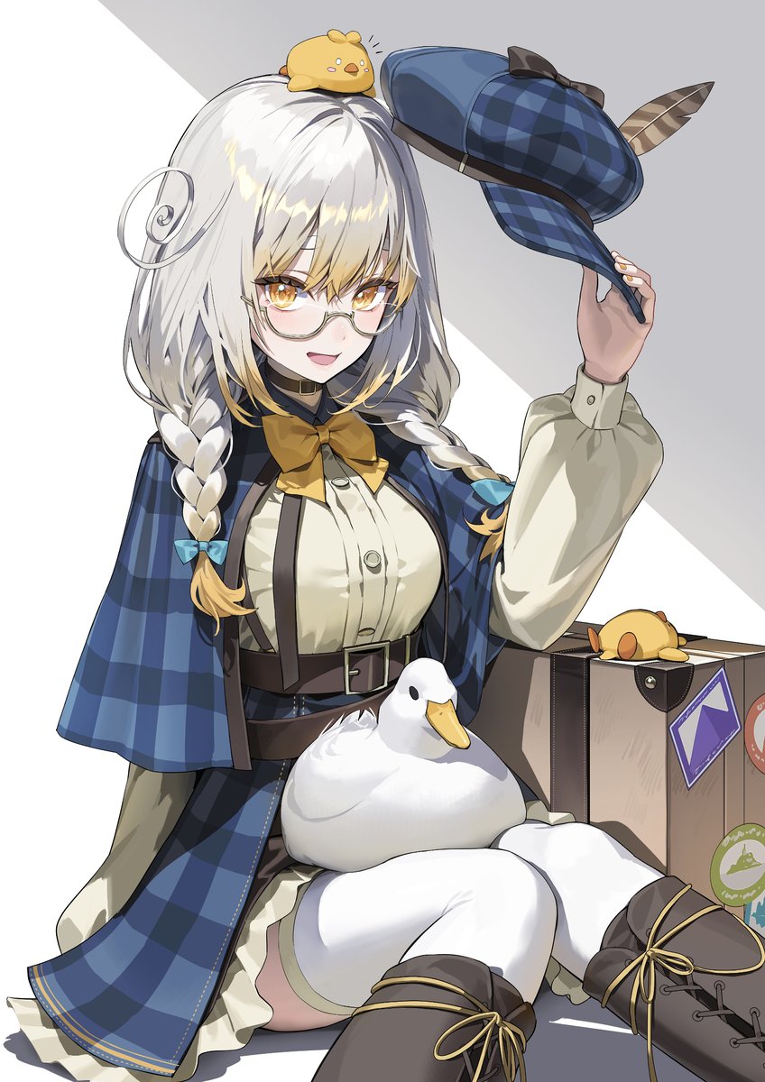 1girl, bird, boots, braid, capelet, duck, frilled_skirt, frills