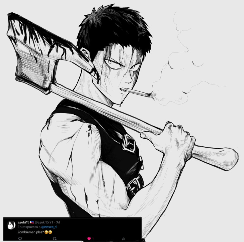 1boy, axe, blood, blood_on_arm, blood_on_face, blood_on_weapon, cigar, cuts