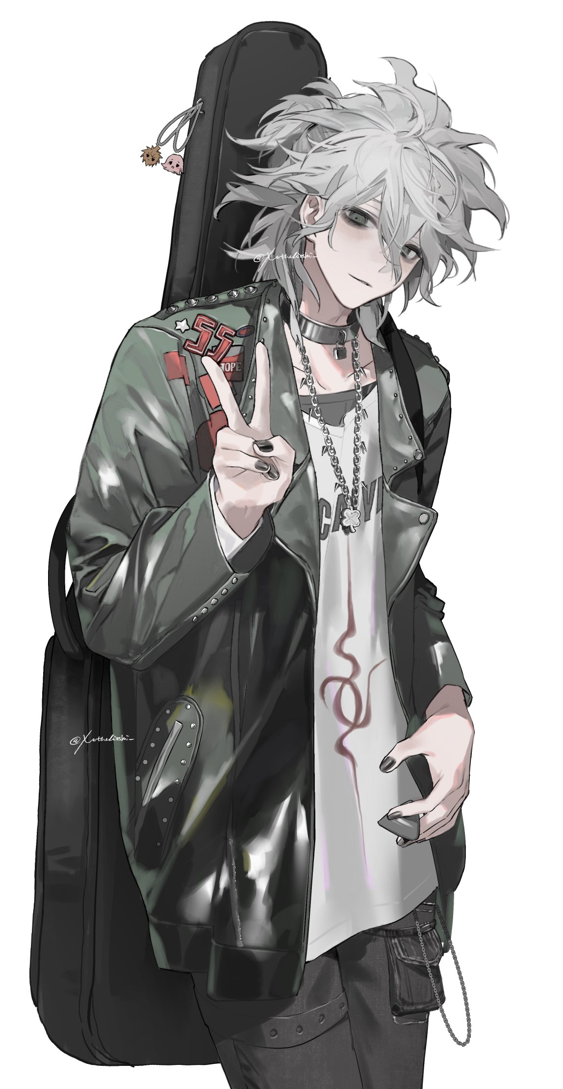 1boy, arm_up, black_nails, black_pants, chain, chain_necklace, charm_(object), closed_mouth, clover, coat, collar, danganronpa_(series), danganronpa_2:_goodbye_despair, four-leaf_clover, green_coat, green_eyes, guitar_case, hair_between_eyes, highres, hinata_hajime, instrument_case, jewelry, kiyoshi_st, komaeda_nagito, layered_clothes, light_smile, lock, male_focus, metal_collar, nail_polish, nanami_chiaki, necklace, pants, print_shirt, punk, shiny_clothes, shirt, simple_background, solo, twitter_username, v, white_background, white_hair
