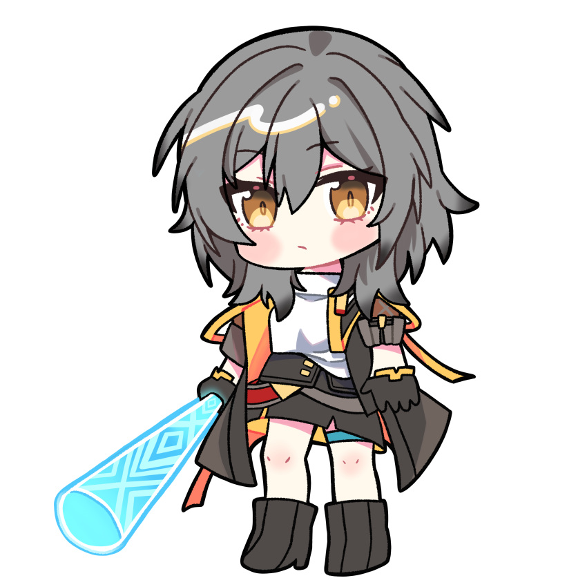 1girl, :/, absurdres, amaya2002714, baseball_bat, black_gloves, black_jacket, blush, commentary_request, deformed, full_body, gloves, grey_hair, hair_between_eyes, hair_intakes, highres, honkai:_star_rail, honkai_(series), jacket, looking_at_viewer, medium_hair, open_clothes, open_jacket, shirt, shoes, simple_background, solo, standing, stelle_(honkai:_star_rail), thigh_strap, trailblazer_(honkai:_star_rail), two-sided_fabric, two-sided_jacket, white_background, white_shirt, yellow_eyes