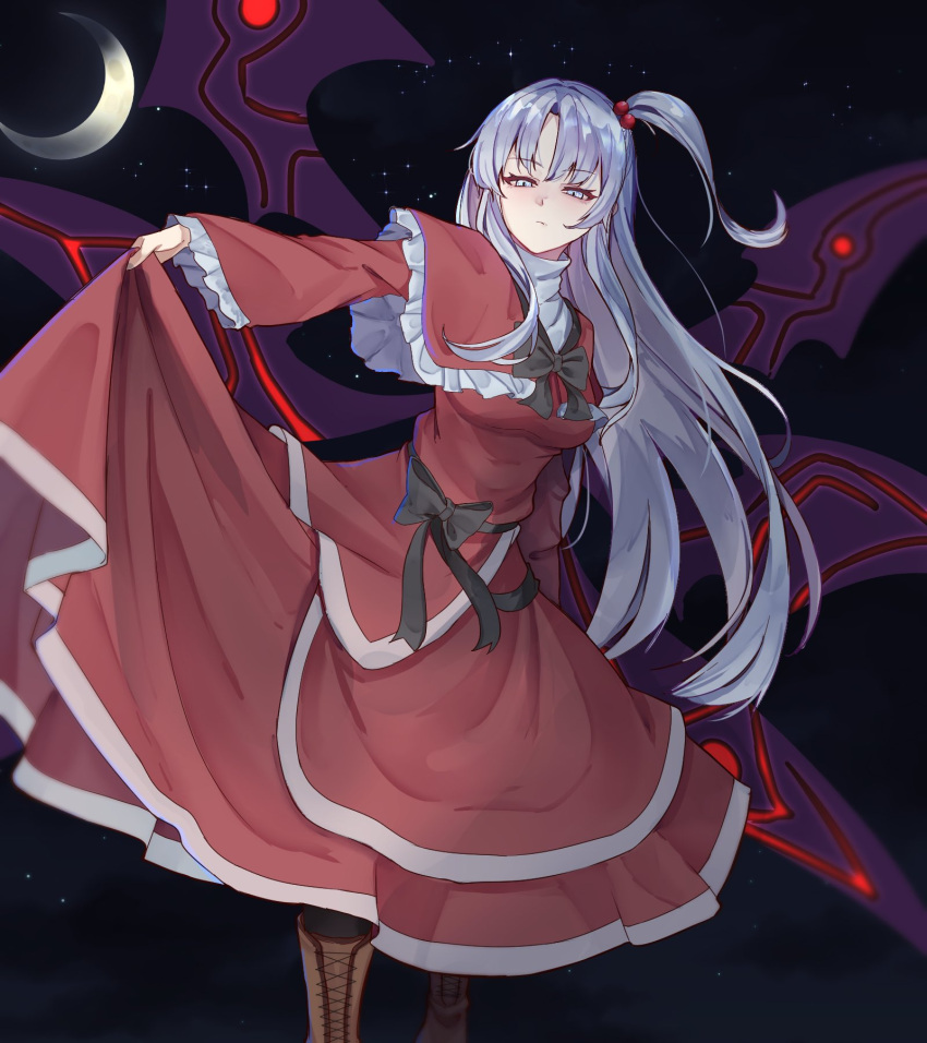 1girl, black_background, brown_footwear, capelet, clothes_lift, commentary_request, crescent, crescent_hat_ornament, cross-laced_clothes, demon_wings, dress, grey_eyes, grey_hair, hair_bobbles, hair_ornament, hat_ornament, highres, kanaria_(bocmn), lifting_own_clothes, long_hair, long_sleeves, looking_at_viewer, multiple_wings, one_side_up, red_capelet, red_dress, shinki_(touhou), simple_background, solo, touhou, touhou_(pc-98), wings