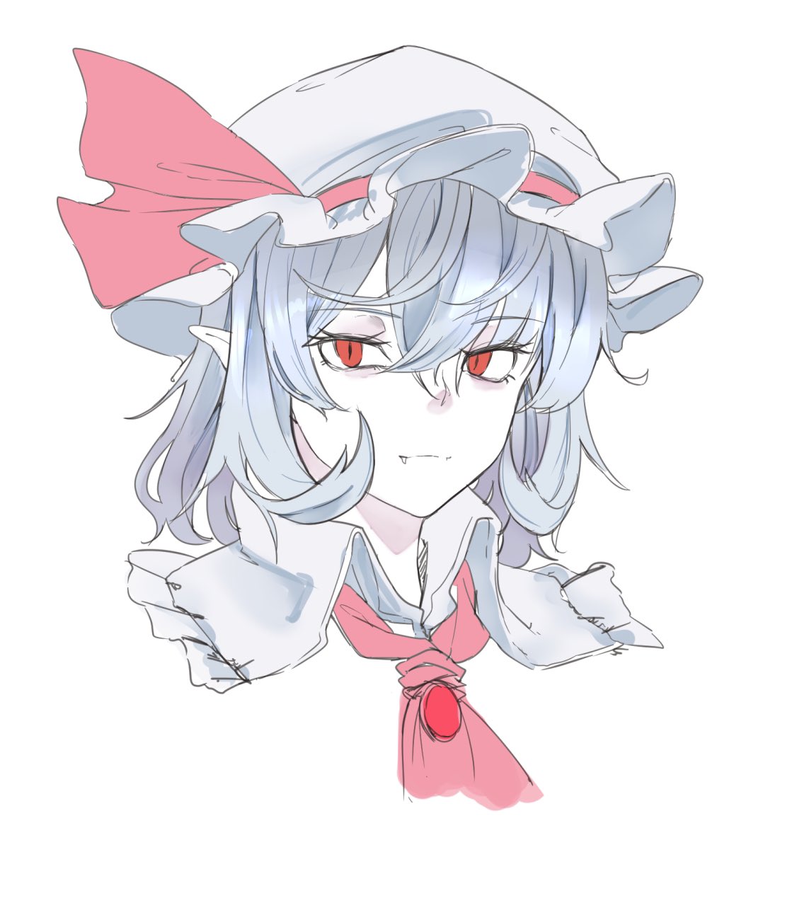 1girl, ascot, closed_mouth, commentary_request, fang, grey_hair, hat, hat_ribbon