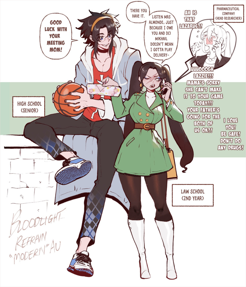 1boy, 2girls, alternate_costume, alternate_universe, belt, black_hair, black_pants, bloodlight_(nyantcha)
