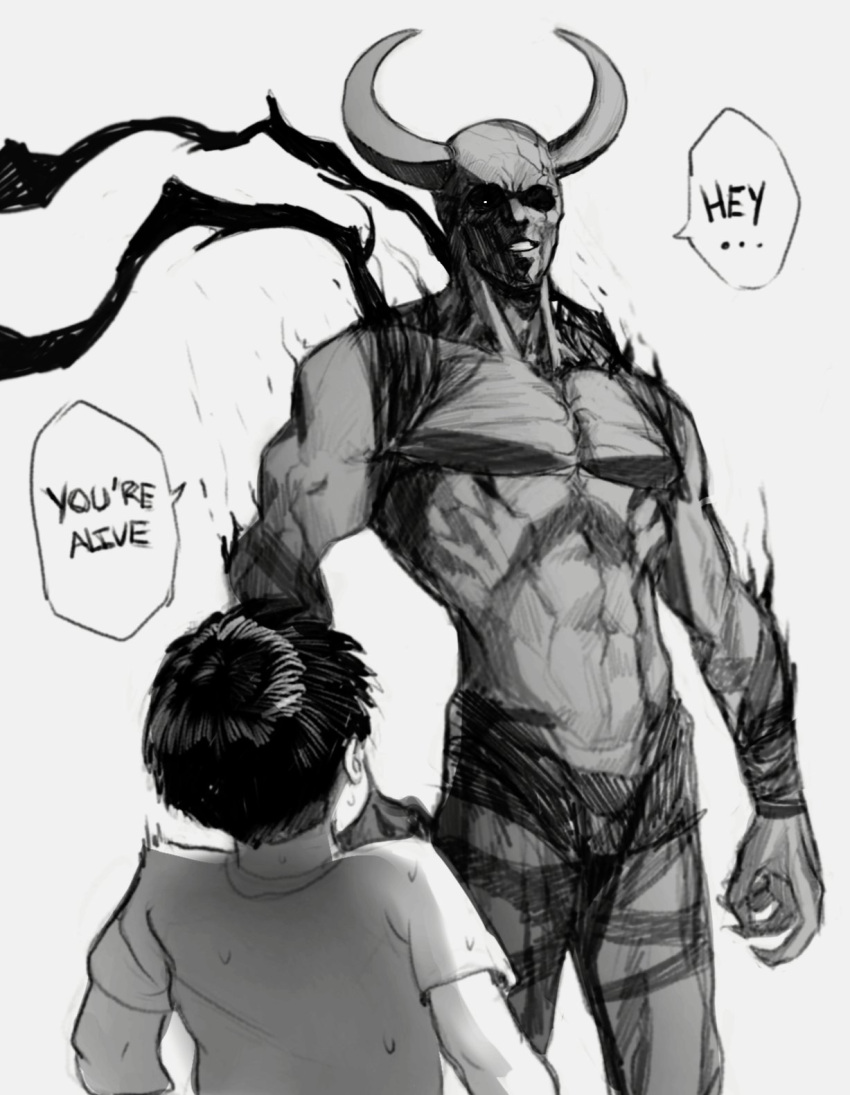 2boys, awakened_garou_(webcomic), bowl_cut, commentary, english_text, garou_(one-punch_man), greyscale, hashtag-only_commentary