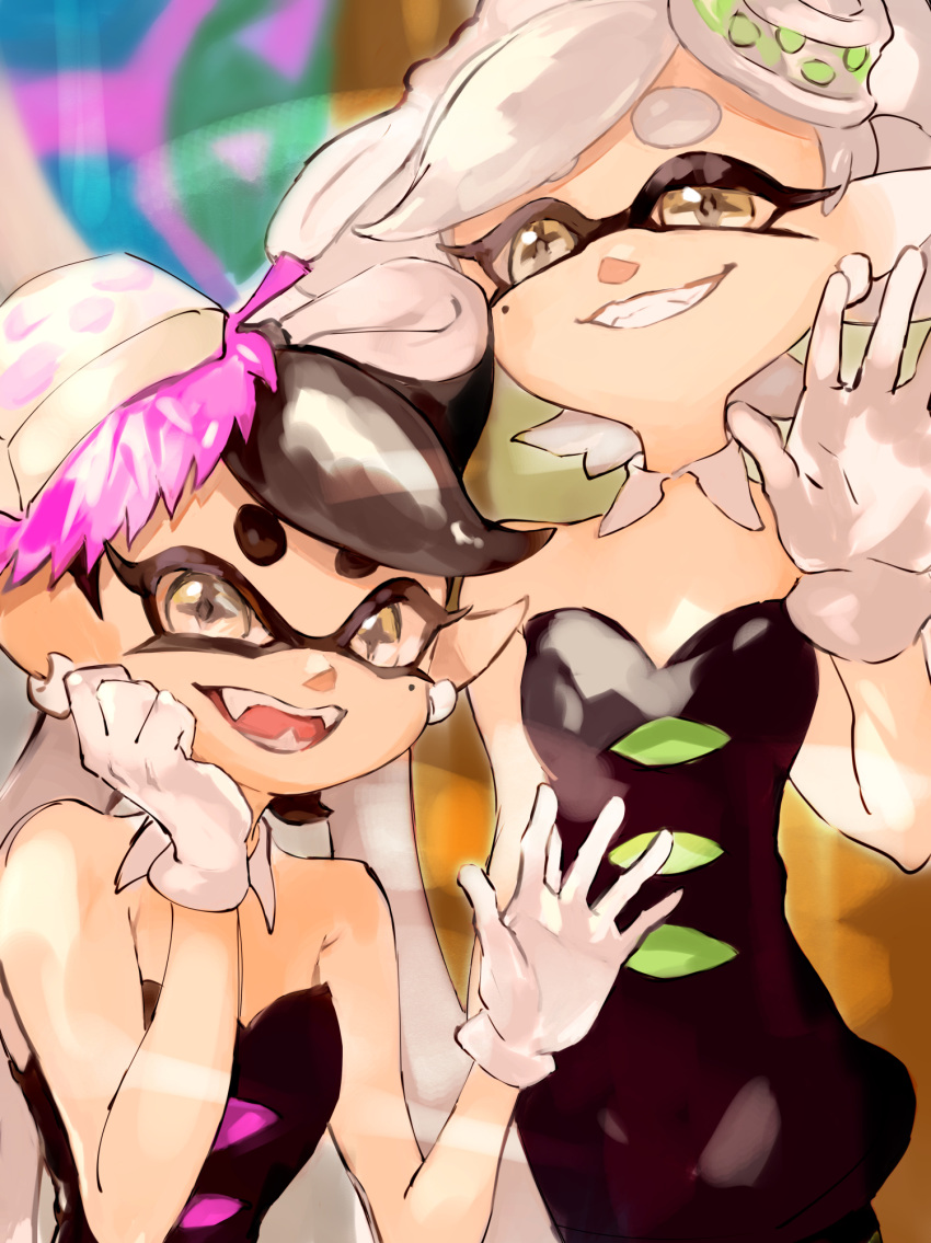 2girls, :d, bare_shoulders, black_dress, black_hair, bow-shaped_hair, callie_(splatoon), cousins