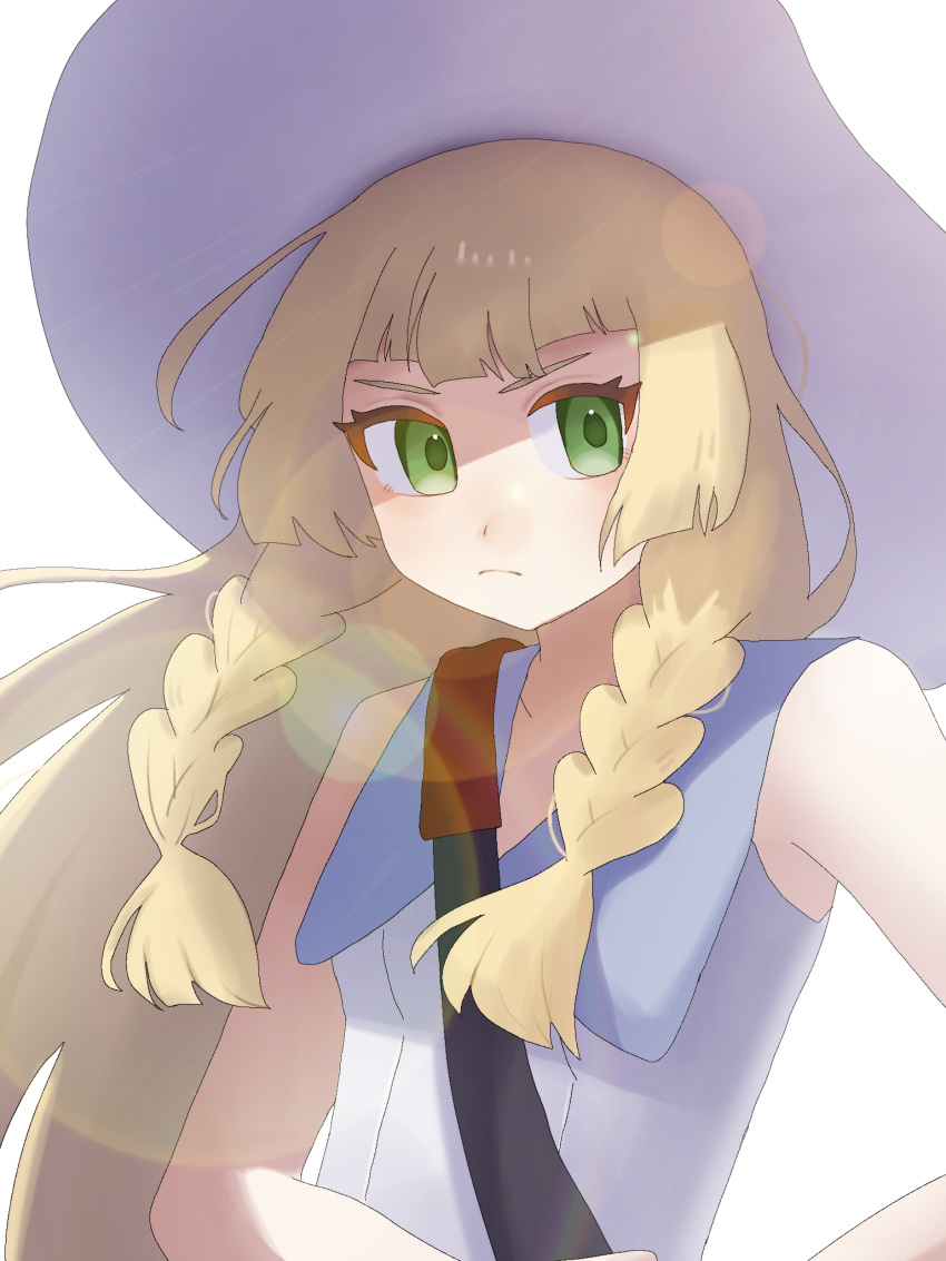 1girl, blonde_hair, braid, closed_mouth, collared_dress, commentary_request, dress, eyelashes, green_eyes, hat, highres, krmg, lens_flare, lillie_(pokemon), long_hair, looking_to_the_side, pokemon, pokemon_sm, simple_background, sleeveless, sleeveless_dress, solo, strap, sun_hat, twin_braids, upper_body, white_background, white_dress, white_hat