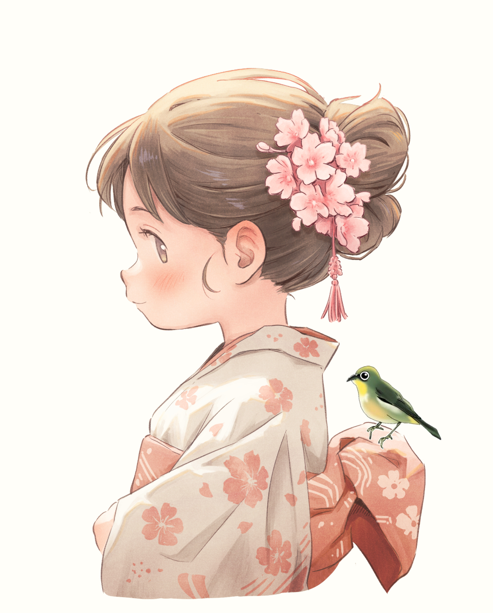 1girl, bird, black_hair, blush, cherry_blossoms, child, cropped_torso, flower, from_side, hair_bun, hair_flower, hair_ornament, highres, japanese_clothes, kimono, obi, original, otto_(otto52coffee), pink_kimono, pink_sash, print_kimono, profile, sash, simple_background, solo, tassel, upper_body, white_background
