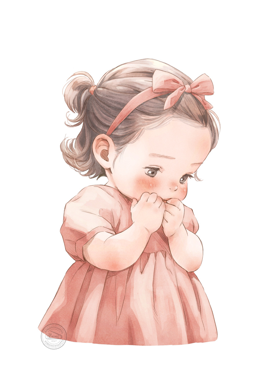 1girl, 2017, absurdres, black_eyes, black_hair, blush, bow_hairband, child, dress, hairband, hand_to_own_mouth, highres, looking_down, one_side_up, original, otto_(otto52coffee), pink_dress, pink_hairband, short_hair, short_sleeves, simple_background, solo, watermark, white_background