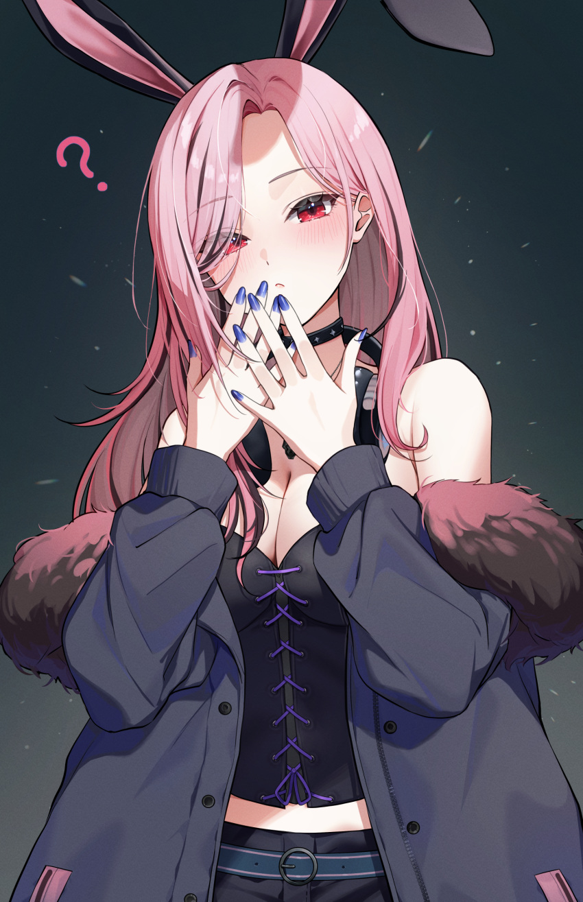 1girl, ?, absurdres, black_choker, black_hair, black_jacket, black_tube_top, blush