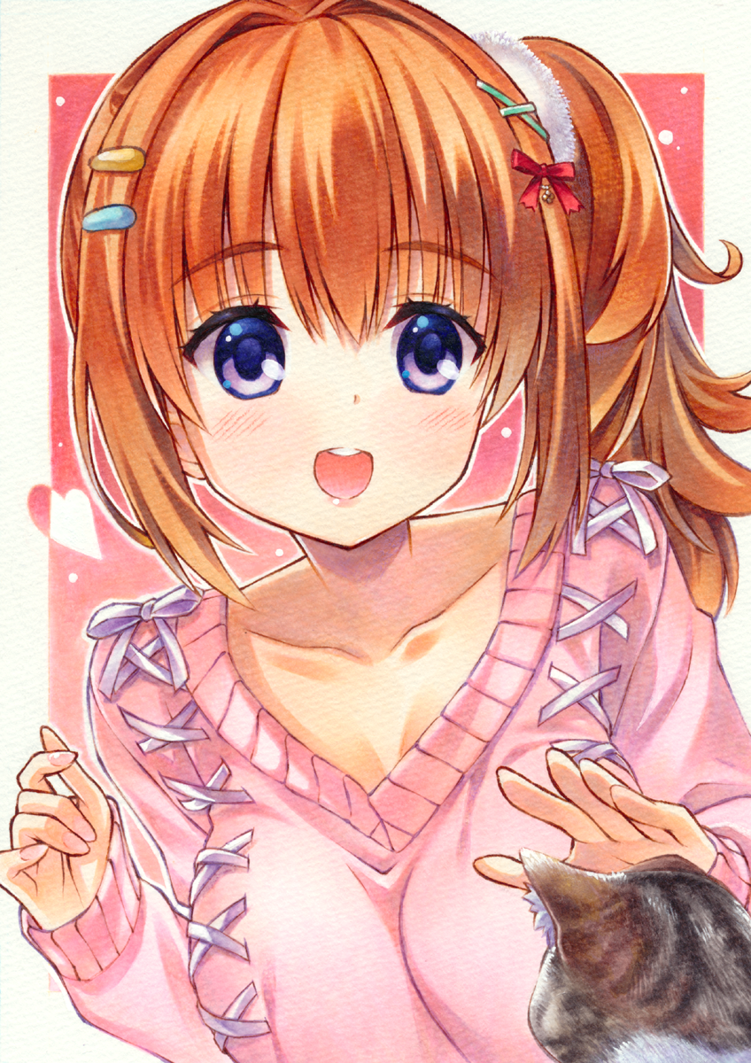 1girl, :d, animal_ear_fluff, blush, border, bow, breasts, cafe_stella_to_shinigami_no_chou