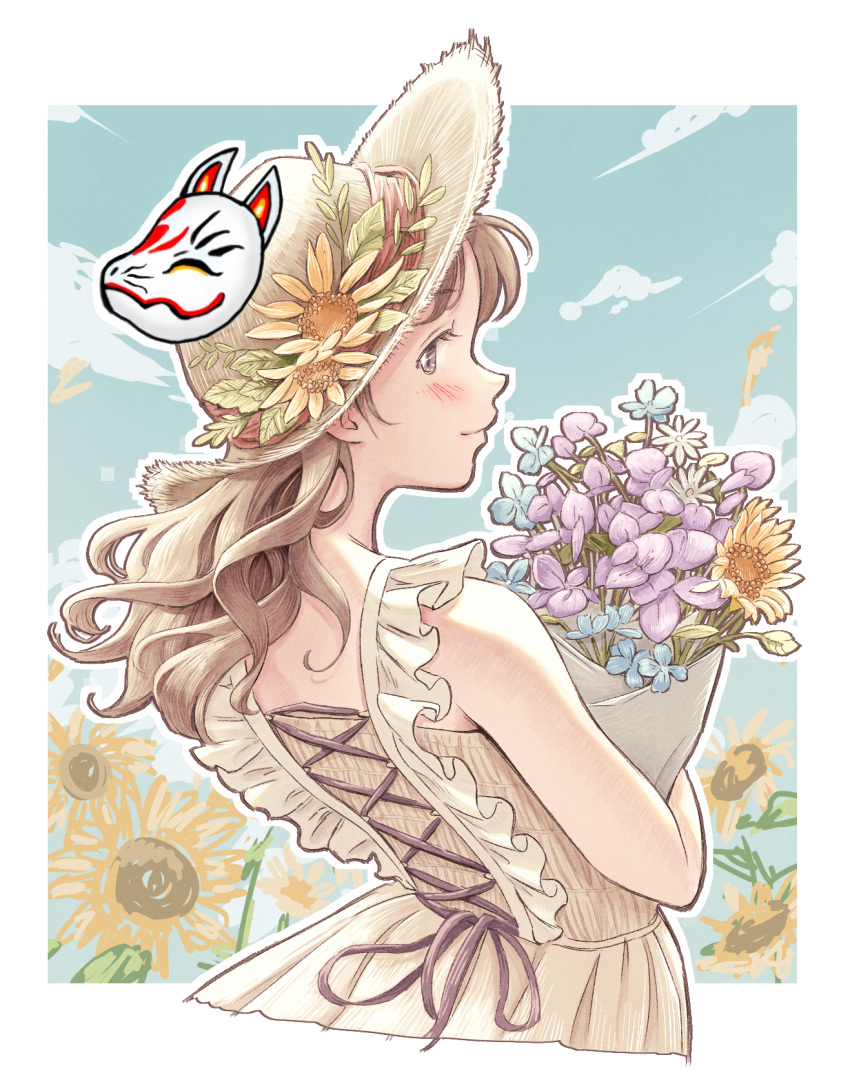 1girl, blush, bouquet, brown_hair, clouds, cross-laced_clothes, day, dress