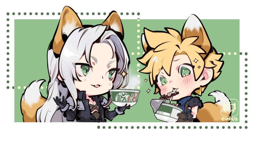 2boys, animal_ears, armor, bangle, black_coat, black_gloves, blonde_hair, blue_shirt