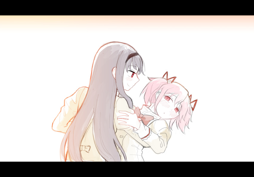 2girls, akemi_homura, black_hair, black_hairband, bluecloud, bow, bowtie, commentary