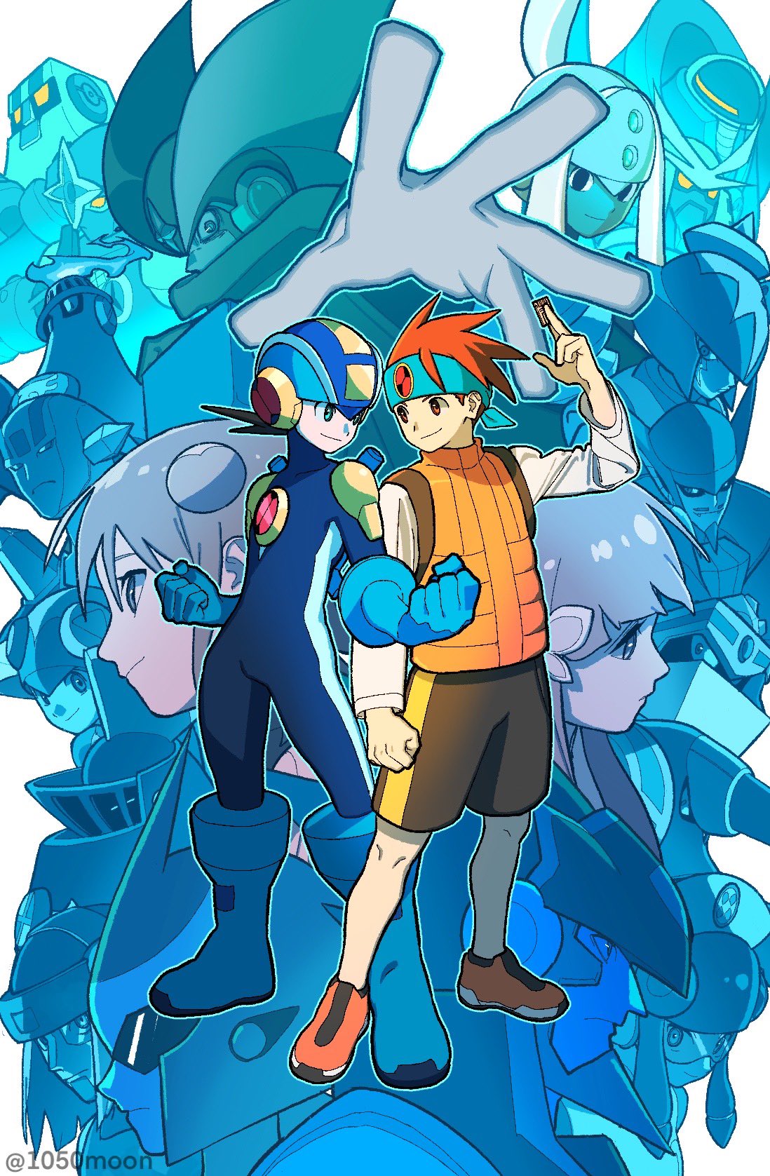 bass.exe_(mega_man), black_shorts, blue_bodysuit, blue_helmet, bodysuit, brown_eyes, brown_hair, character_request