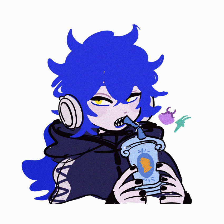1boy, blue_hair, commentary_request, cup, headphones, hercules_(1997_film), hercules_(disney), highres
