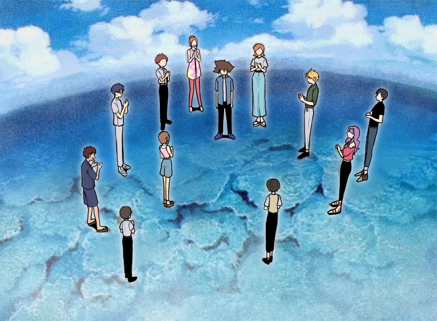 blonde_hair, brother_and_sister, brown_hair, digimon, digimon_adventure_tri., hida_iori, highres, ichijouji_ken, inoue_miyako, ishida_yamato, izumi_koshiro, kido_jo, motomiya_daisuke, neon_genesis_evangelion, oh_sorry_01, parody, purple_hair, scene_reference, siblings, standing, tachikawa_mimi, takaishi_takeru, takenouchi_sora, yagami_hikari, yagami_taichi