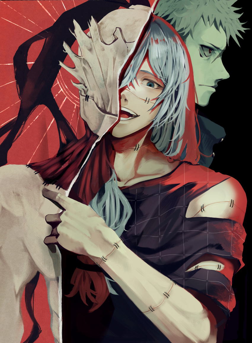 2boys, absurdres, air_(ai_r_), black_shirt, blue_eyes, blue_hair, dual_persona, empty_eyes