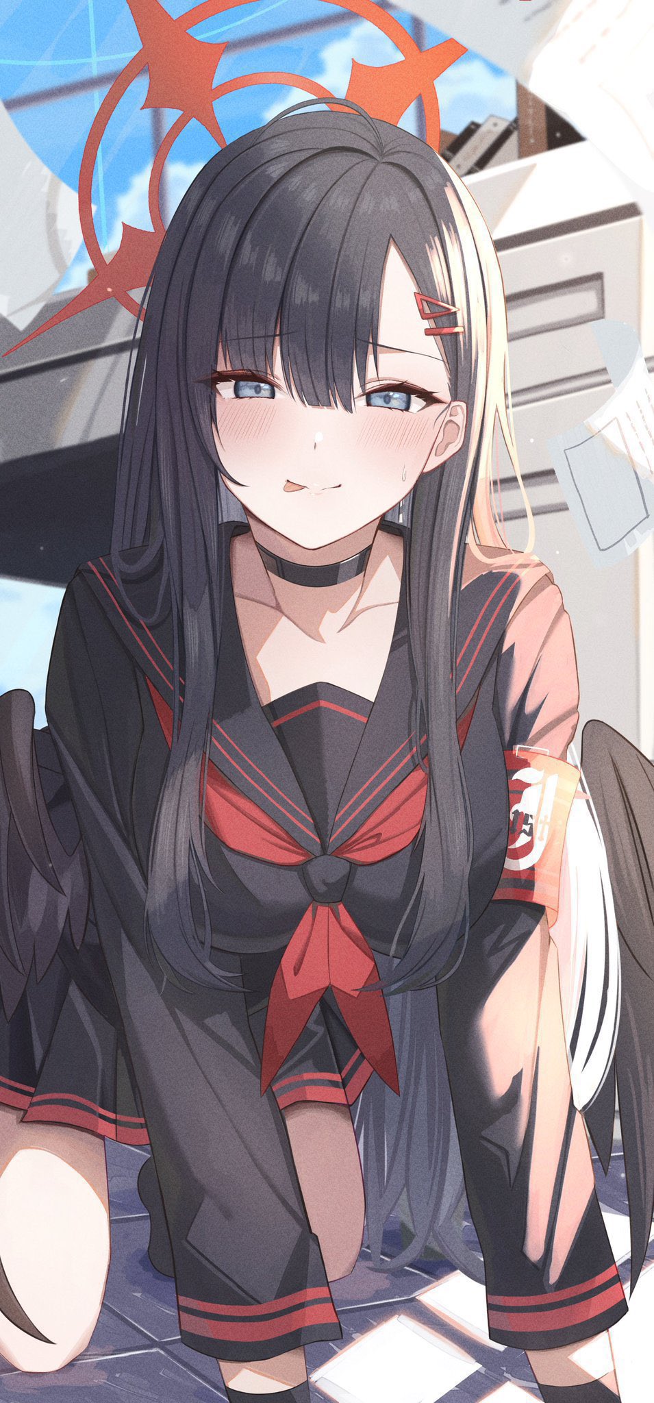 1girl, :p, all_fours, armband, black_choker, black_hair, black_sailor_collar, black_serafuku, black_shirt, black_skirt, black_wings, blue_archive, blunt_bangs, blush, breasts, choker, closed_mouth, collarbone, commentary_request, day, eyelashes, eyes_visible_through_hair, feathered_wings, grey_eyes, hair_ornament, hair_over_shoulder, hairclip, halo, hanma_amnah, highres, ichika_(blue_archive), indoors, large_breasts, licking_lips, long_hair, long_sleeves, looking_at_viewer, low_wings, miniskirt, neckerchief, pleated_skirt, red_armband, red_halo, red_neckerchief, safety_pin, sailor_collar, school_uniform, seductive_smile, serafuku, shirt, sidelighting, skirt, smile, solo, split_mouth, straight_hair, sweatdrop, tongue, tongue_out, tsurime, unusually_open_eyes, very_long_hair, window, wings