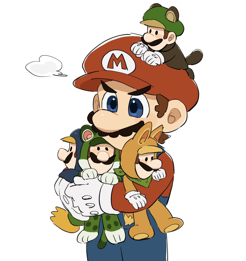 2boys, blue_eyes, blue_overalls, brown_hair, cat_luigi, chibi, facial_hair, flying_squirrel_luigi