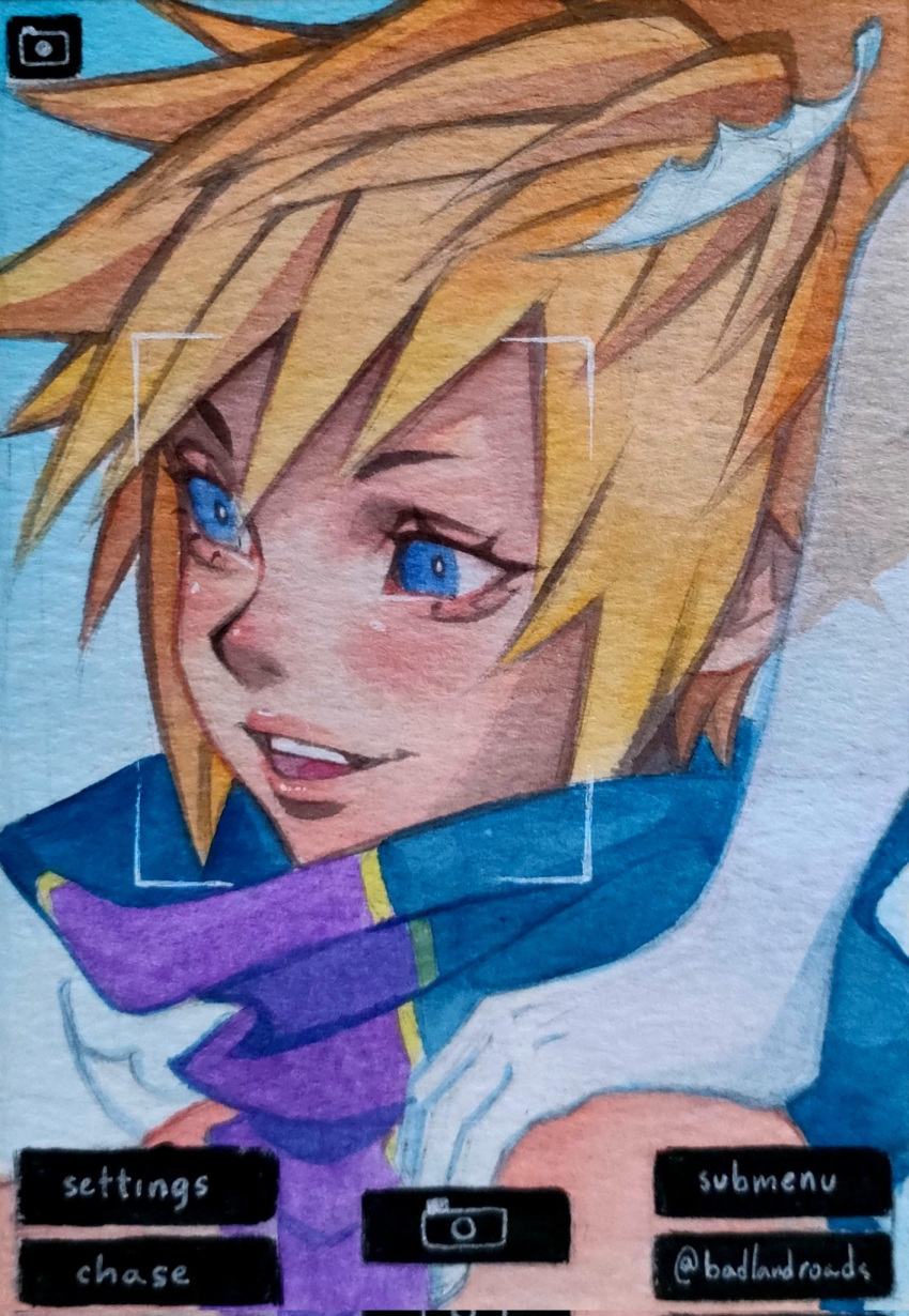 1boy, blue_eyes, bright_pupils, english_commentary, english_text, hand_on_another's_shoulder, highres, looking_ahead