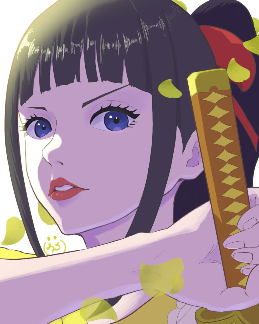 1other, black_hair, blue_eyes, blunt_bangs, commentary_request, hair_ornament, hair_ribbon, highres