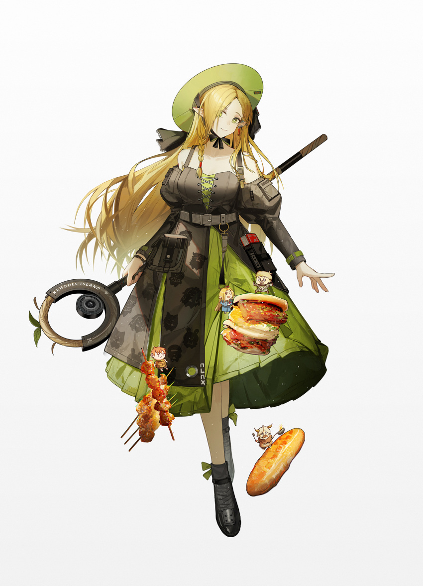 1girl, ambrosia_(dungeon_meshi), arknights, bare_shoulders, belt_around_waist, black_bow, black_dress, black_footwear