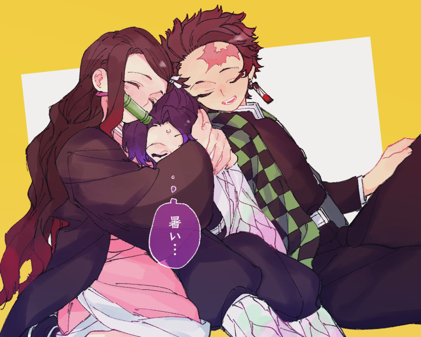 1boy, 2girls, arms_around_neck, bit_gag, black_hair, black_jacket, black_kimono, border