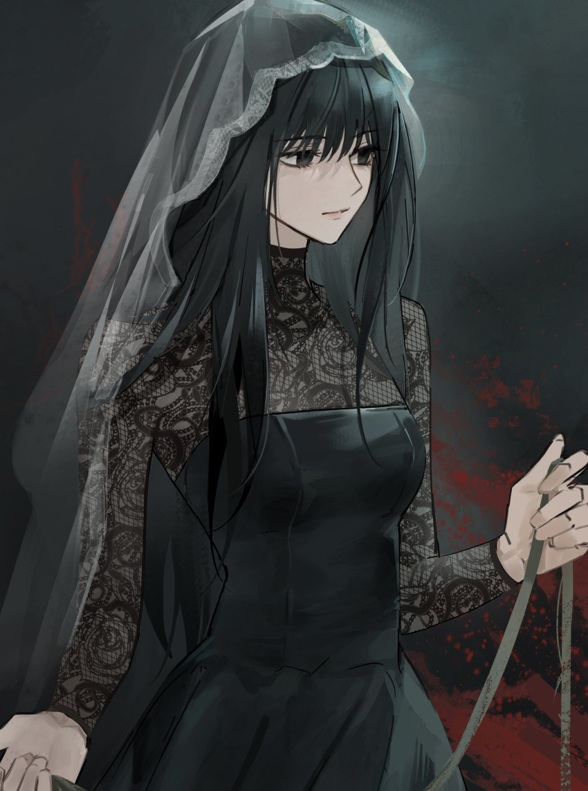 1girl, 41097772s, absurdres, black_dress, black_hair, breasts, closed_mouth, dress