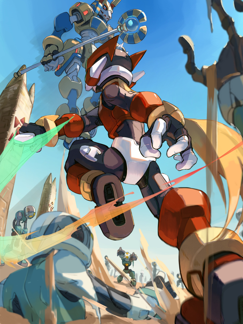 absurdres, anubis_necromancess_(mega_man), armor, battle, blonde_hair, desert, energy_sword, from_behind