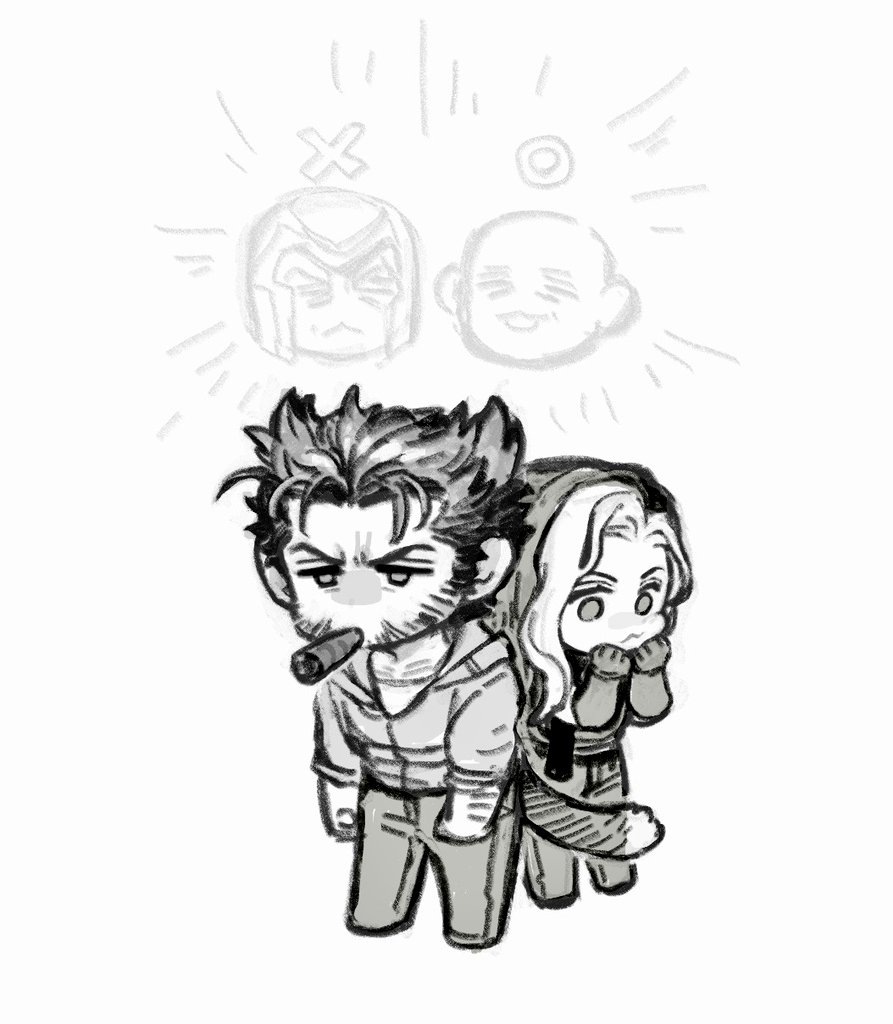 1boy, 1girl, :3, bald, blush, cat_tail, charles_xavier, chibi