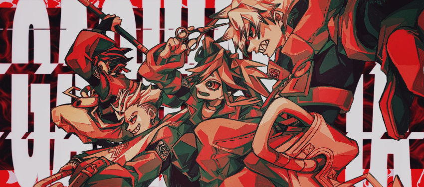 1girl, 3boys, arm_up, clenched_teeth, copyright_name, dynamic_pose, earrings, engine_(gachiakuta)