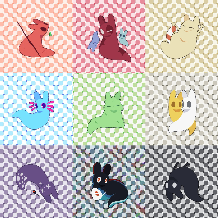 arms_up, artificer_(rain_world), axolotl_ears, black_background, black_fur, blue_background, blue_eyes, blue_fur